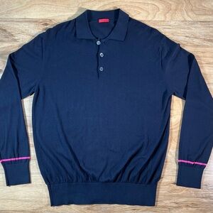 ISAIA Napoli Navy Blue Long Sleeve KNIT Polo Sweater - Pink Accent Cuffs - XXL